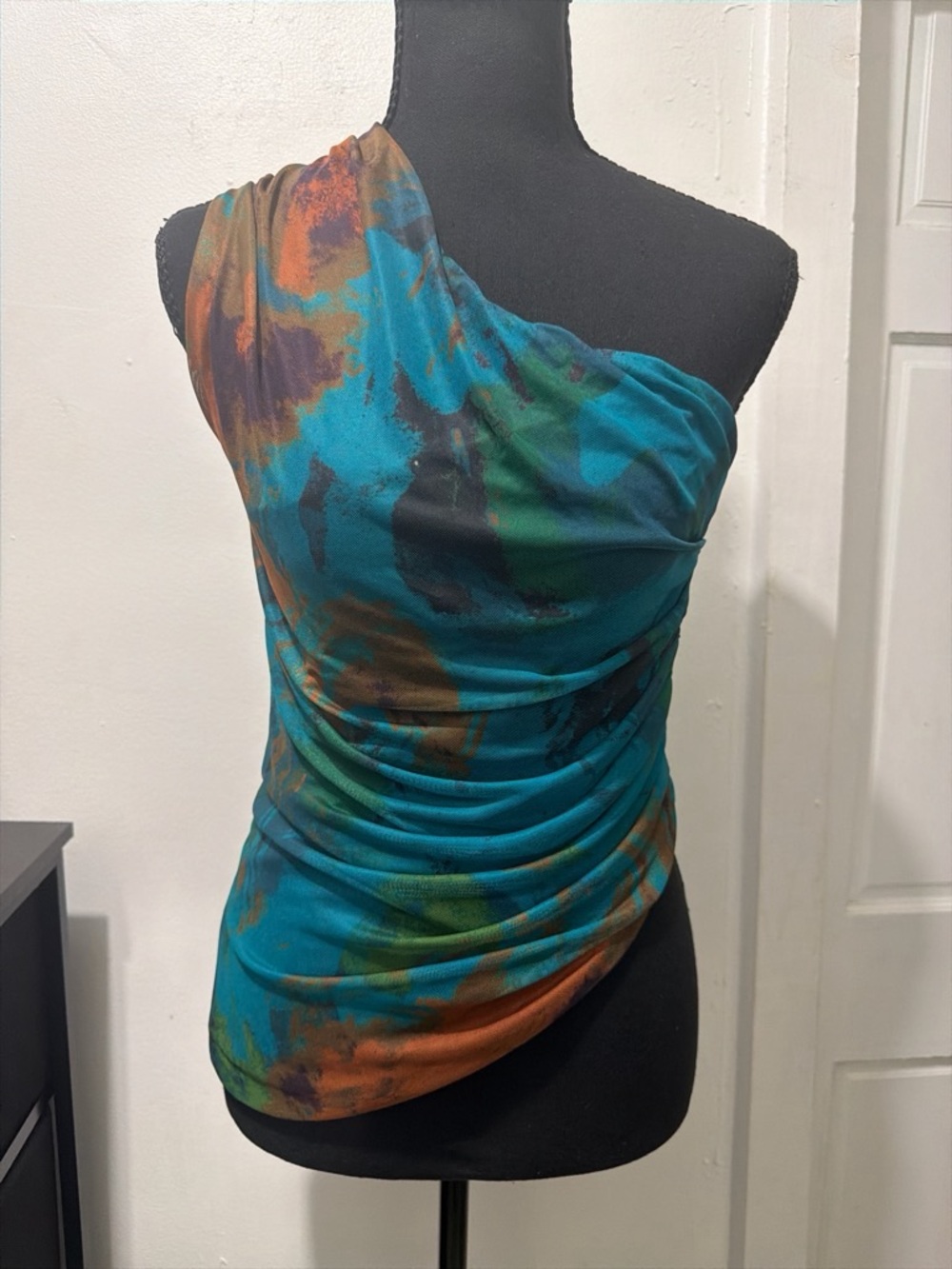 One-Shoulder Teal Abstract Ruched Top
